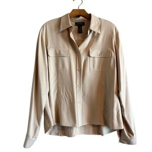 Lauren Ralph Lauren Women 12 Beige 100% Silk Button Down Utility Shirt Blouse